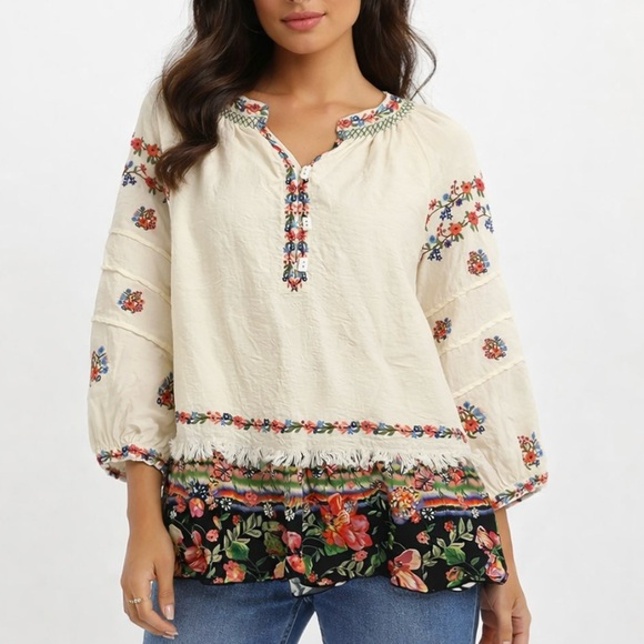 John Mark Tops - John Mark Boho Embroidered Cream Floral Fringe Top